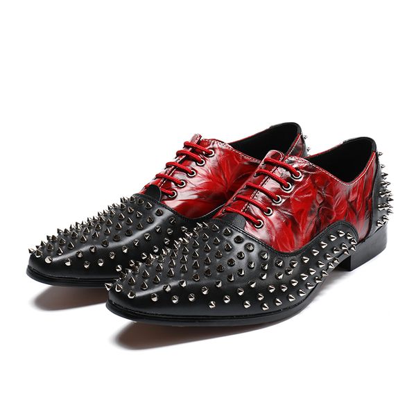 

2019 spring/autumn rivets mixed color men dress shoes pointed toe lace-up flat shoes men, Black