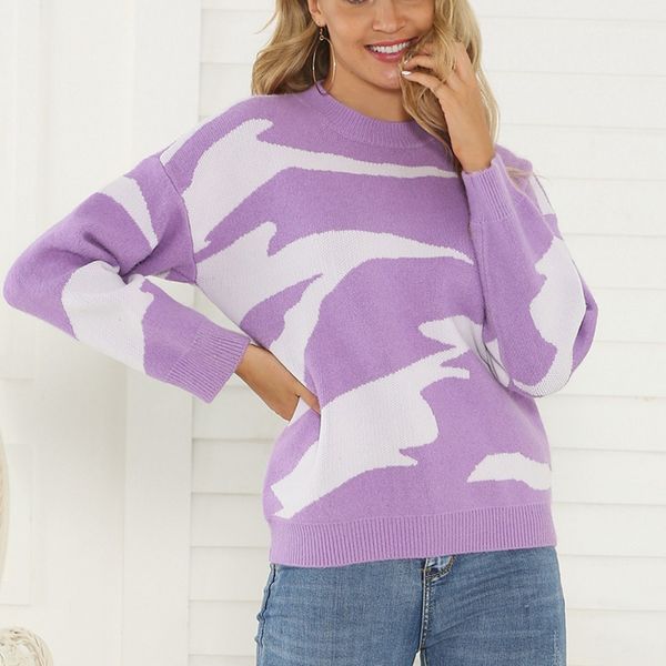 

purple women's sweater casual o-neck pullover long sleeve leopard printed loose knitted sweater chandails pour femmes f821, White;black