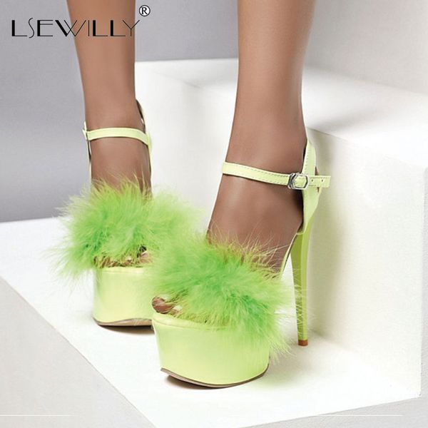 

lsewilly 7 candy colors women super high heel 16cm sandals fur platform party dress wedding nightclub shoes large size, Black
