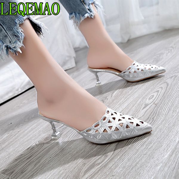 

woman shoes 6cm high heel slippers women pointed toe ladies female slides platform slippers hollow fashion mules shoes flip flop, Black