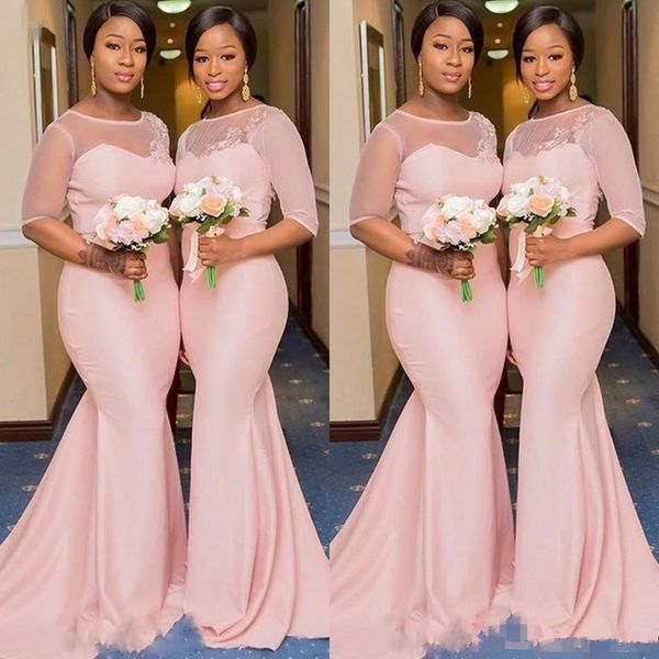 Blush Pink African Nigerian Mermaid Abiti da damigella d'onore con manica 2019 Collo in pizzo trasparente Plus Size Damigella d'onore Abito da sposa