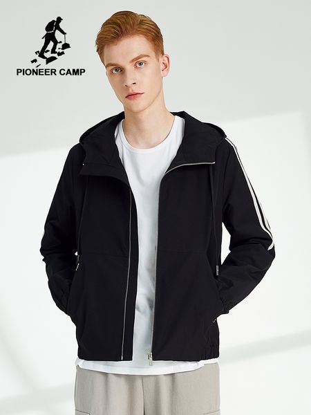 

pioneer camp men's bomber jacket zipper hooded spring autumn stripe letter graphic casual jacket male for teen ajk908152t, Black;brown