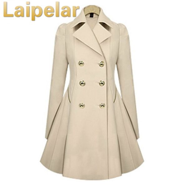 

women spring elegant long wind coat with double button navy blue solid color long sleeves office lady winter trench outwear, Tan;black