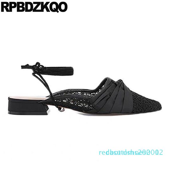 

closed toe ladies shoes fashion chunky pointed lace ankle strap low heel black block thick designer sandals women luxury 2019 r02