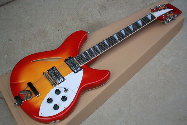 Factory Custom Semi-Hollow Cherry Sunburst E-Gitarre mit 12 Saiten, Chrom-Hardware, weißem Schlagbrett, kann individuell angepasst werden