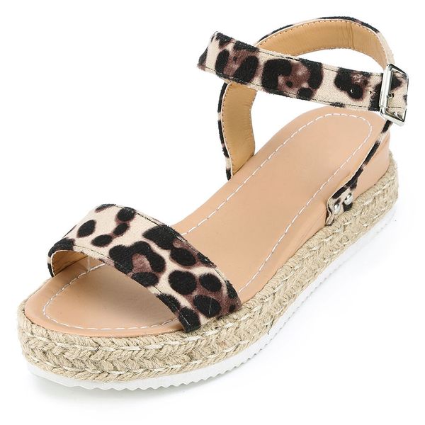 

muqgew casual shoes women's sandals rubber sole leopard wedge buckle flat ankle strap plus size open toe flat sandals female new, Black