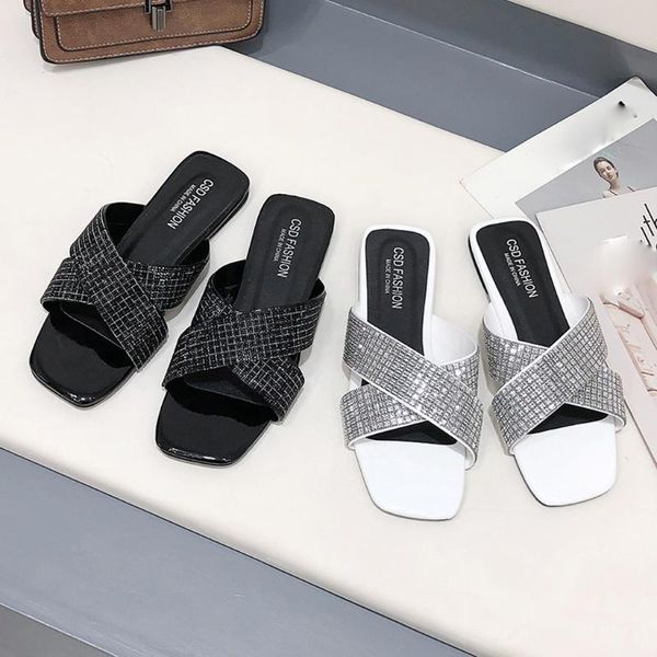 

sagace лето женщины кристалл тапочки блестки крест bling плоским шику женские вьетнамки открытый тапочки свободного покроя пляжная обувь, Black