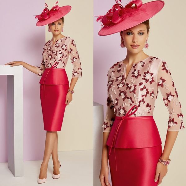 

modest sheath beaded peplum mother of the bride dresses v neck long sleeves wedding guest dress knee length satin formal gowns, Black;red