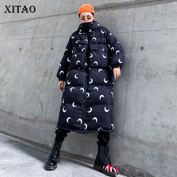 

xitao pattern plus size parkas women fashion new 2019 winter full sleeve long hooded collar minority small fresh coat xj2752, Black