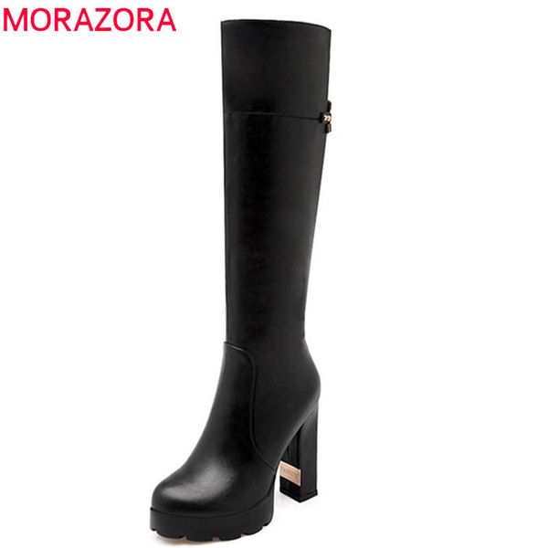 

morazora 2020 new arrival boots women round toe platform shoes zipper rivet knee high boots high heels party wedding shoes t200425, Black