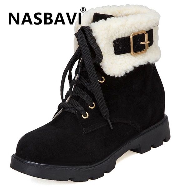 

2019 new winter round head women ankle boots fashion wild flat low heel winter warm metal buckle lacing snow boots size 34-43, Black