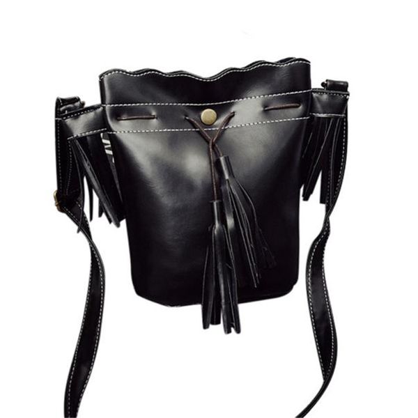 

simple women leather tassel messenger bag cross body bucket shoulder bag fashion women bags bolso mujer wholesale