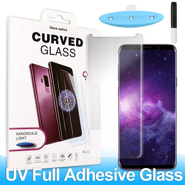 Vollständig geklebtes gehärtetes Glas mit gebogenen Kanten für Samsung S23 S22 S21 Note 20 10 PlusLiquid Dispersion Tech mit UV-Licht-Displayschutzfolie mit Einzelhandelsverpackung