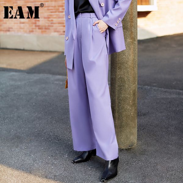 

eam] high waist purple pleated split joint long wide leg trousers new loose fit pants women fashion spring autumn 2020 1h096, Black;white