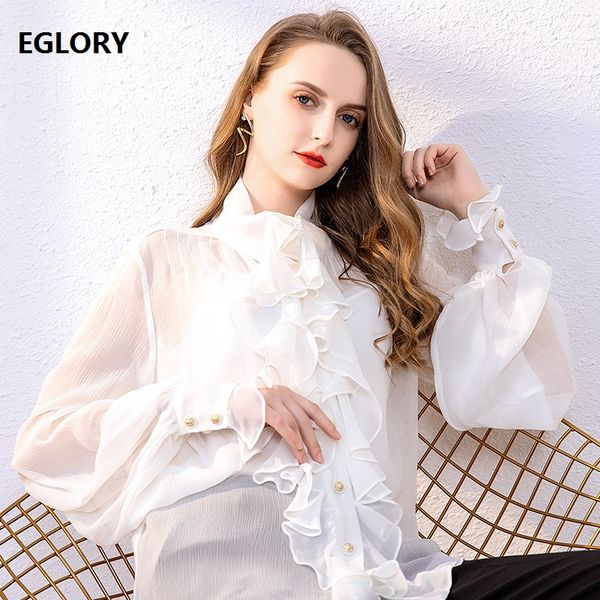 

ruffle shirts blusas 2020 spring summer fashion white blouses women golden buttons long sleeve casual elegant silk