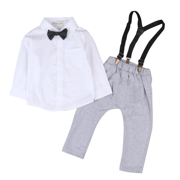 

fashion newborn toddler kids baby boy long sleeve overalls shirt+bib pants gentleman suits trousers outfits clothes set, White