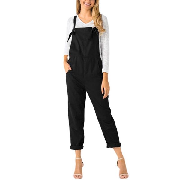 

2020 summer women loose casual bib overalls cotton linen rompers long jumpsuits solid color strappy pockets dungarees new #lr3, Black;white