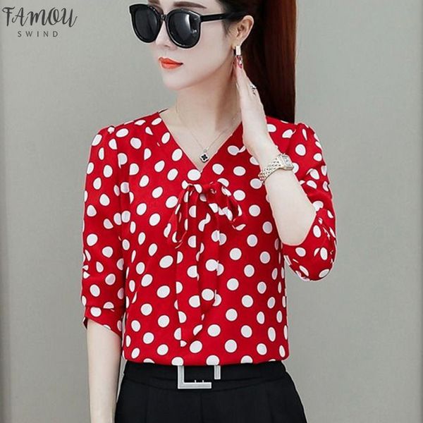 

bow tie long sleeve blusa v collar polka dot blouses shirt casual 2020 feminine elegant women camisas mujer 66i6, White