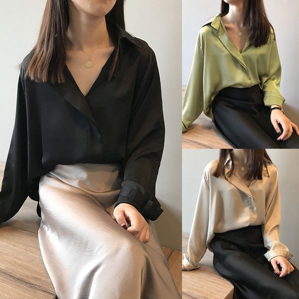 

new spring 2020 ladies fashion solid color turn-down collar long sleeve blouse casual loose splice chiffon shirts women, White