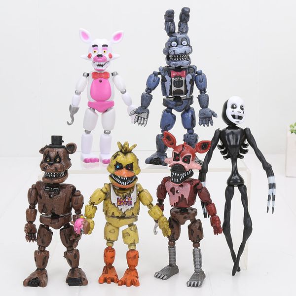 

6pcs/set led lightening movable joints fnaf five nights at freddy's action figure toys foxy freddy chica model dolls kid toys y19051804