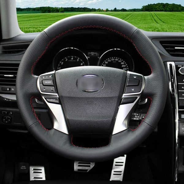 

black leather red stitch custom car steering wheel cover for toyota reiz 10-2013