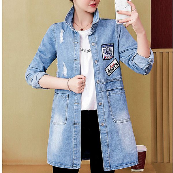 

new arrival 2019 antumn women long sleeve charming diamonds letter casual denim jacket fashion slim long outerwear jeans female, Black;brown