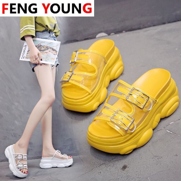 

women platform transparent pvc buckle women platform slippers 2020 summer female chunky wedge high heel slides fashion girl, Black