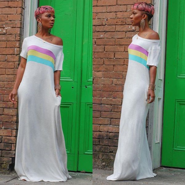 

luxury womens designer dress summer fashion slash neck striped panelled casual dresses maxi dresses female clothing, Black;gray