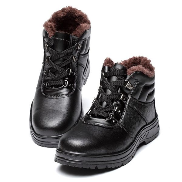 

winter safety shoes men boots genuine leather steel toe shoes warm plush lightweight breathable casual anti-puncture work boots, Black