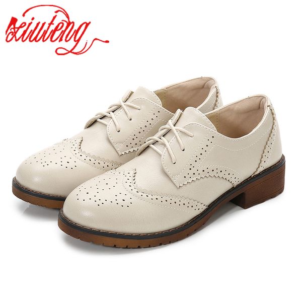

2019 new british oxford shoes woman lace-up carving bullock round toe slip on creepers preppy leather derby shoes women flats, Black