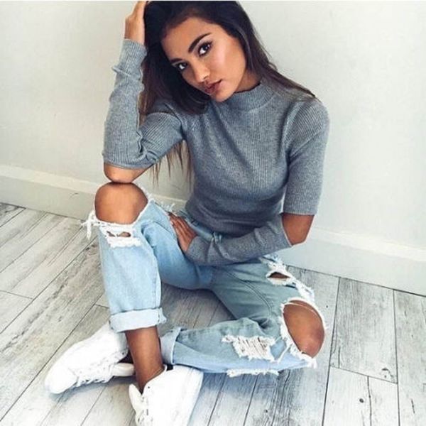 

autumn new in 2017 women jumper solid elbow hole long sleeve sweater crop coat pullover, White;black