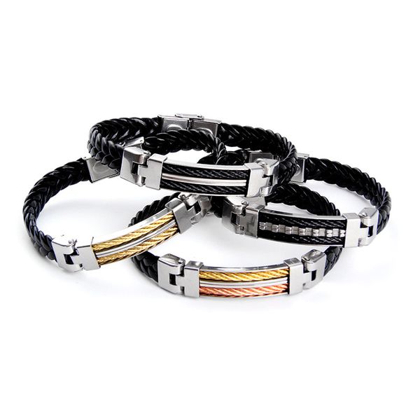 

male jewelry gold/rose gold stainless steel button wrap cuff buckle leather braid bracelets bangles handmade bracelets, White