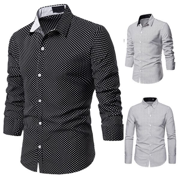 

mens polka dot print shirt fashion lapel neck long sleeve slim fit homme fashion shirt designer male clothing, White;black