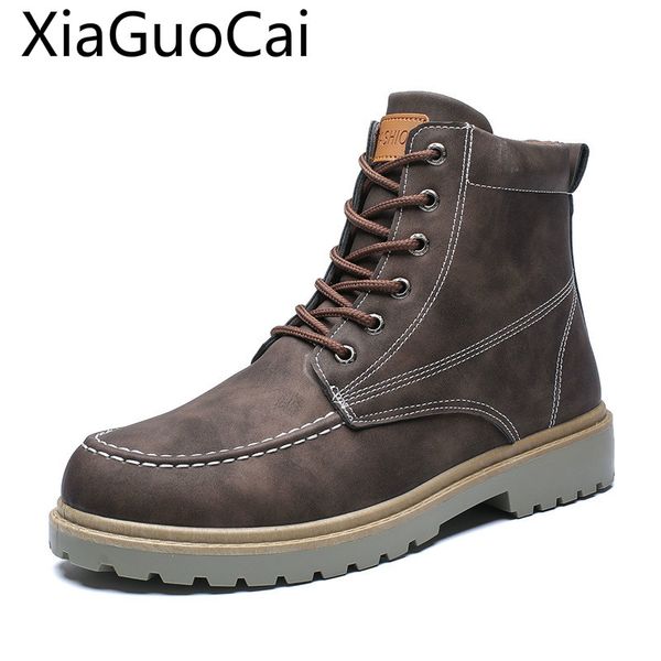 

autumn and winter new retro mens boots leisure leather mens casual shoes high solid male ankle winter boots, Black