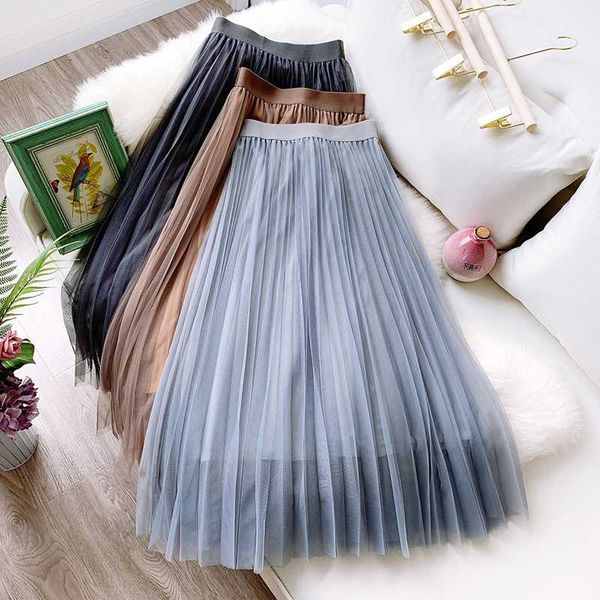 

wasteheart spring new black blue women skirt a-line pleated mid-calf skirt mesh clothing empire long skirts ball gown