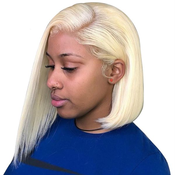 

short bob lace front wigs natural straight brazilian remy human hair 613 blonde lace frontal wig for women, Black
