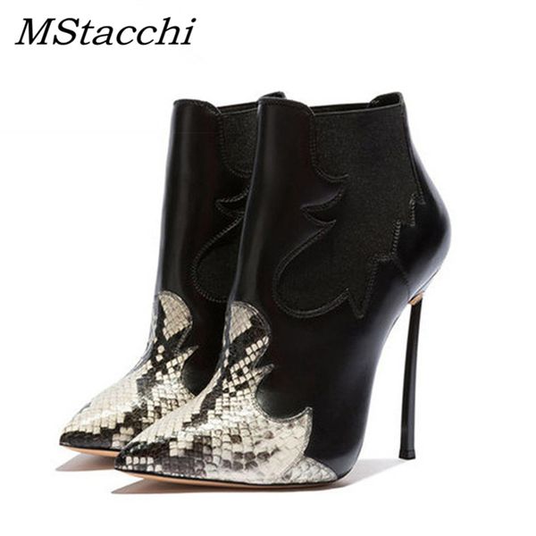 

mstacchi occident ankle women boots snake pointed toe footwear booties warm short plush 2018 thin high heels 12 cm ladies shoes, Black