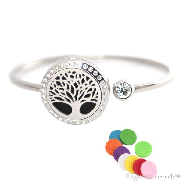 

25mm life tree crystal stainless steel aromatherapy locket bracelet bangle essential oil diffuser locket bracelet with 10pcs felt pads