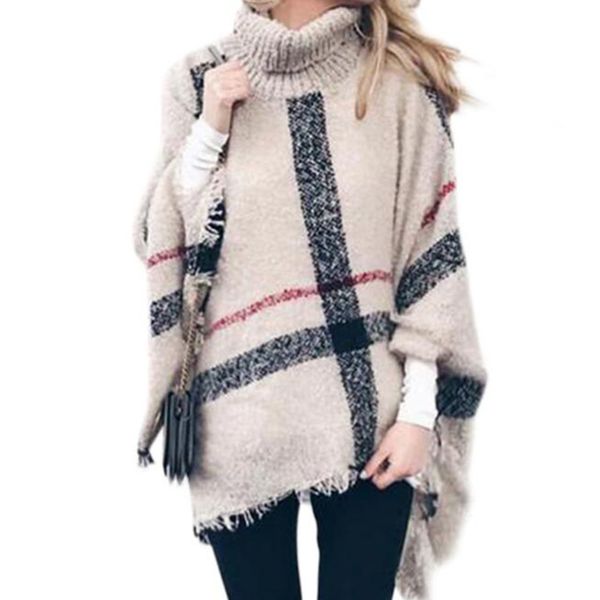 

woman knitting sweater and the medium and long section loose hit the high collar tassel sweater cape cloak s266, Black