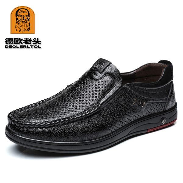 

newly men's summer loafers shoes genuine leather soft man casual slip-on cutout shoes cowhide driving loafers, Black