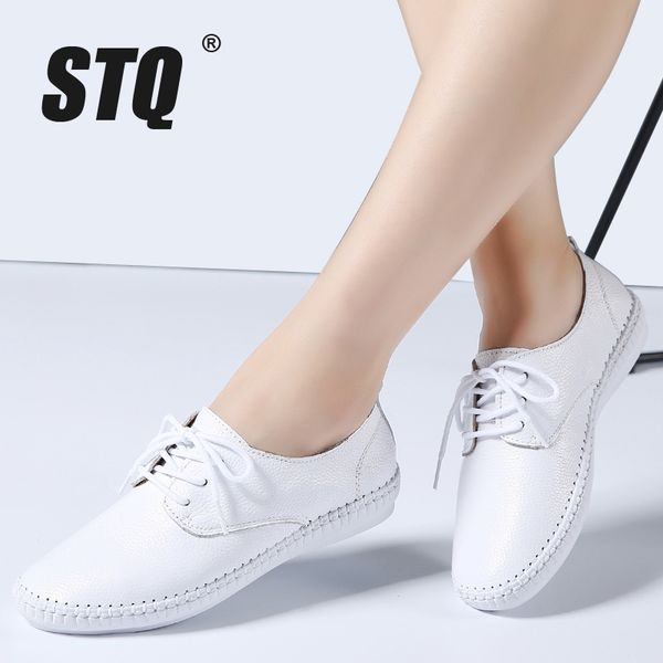 

stq 2019 autumn women ballet flats oxford flat shoes soft leather shoes ladies lace up white black loafers flats boat shoes b16 cj191226