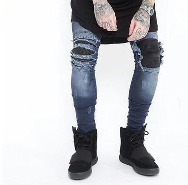 

fairy2019 high european street trendsetter destruction fold man jeans self-cultivation bound feet locomotive pants men's foreign fashio, Blue