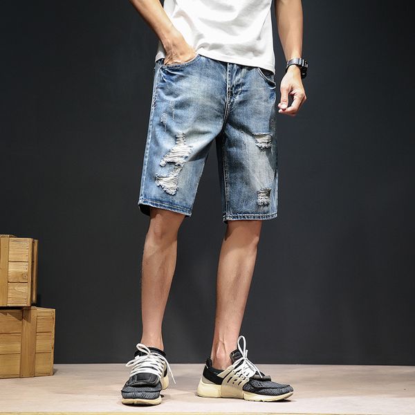 

fashion casual knee high shorts jeans straight ripped punk straight short denim jeans pockets joggers homme, Blue