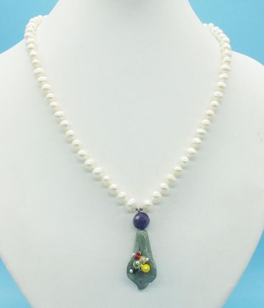 

delicate, 6-7mm natural white freshwater pearl necklace semi-precious stone pendant 18, Silver