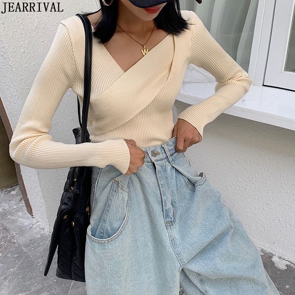 

new spring long sleeve knit korean style women pullovers v-neck slim casual chic sweater knitted jumper pull femme 2020, White;black