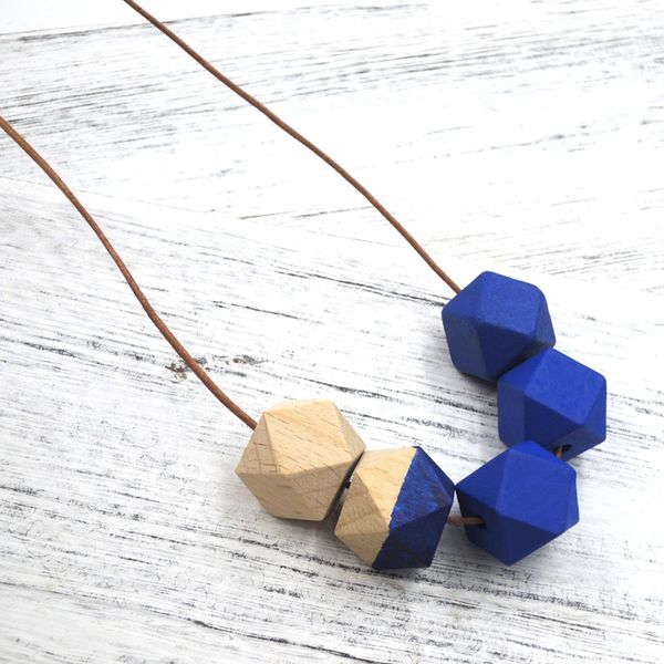 

new hand painted half blue wood geometric necklace with beaded milimalist statement leather cord everyday long rope nw400, Silver