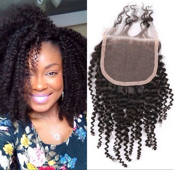 

malaysian virgin human hair lace closure 4x4 middle three part natural color kinky curly closure, Black;brown
