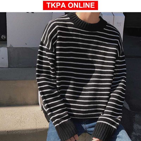 

men korean fashions fall striped sweater 2020 mens colorful pullover streetwear sweaters couple black oversized clothes, White;black