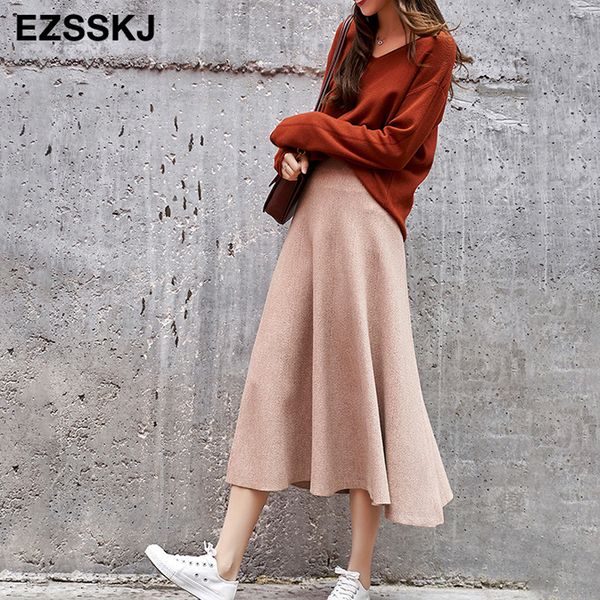 

vintage autumn winter women thick sweater umbrella skirt high waist midi knitted skirt a-line female solid elegant skirts, Black;gray