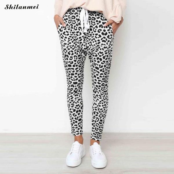 

2019 новое прибытие женщин sweatpant леопардовый pant гарем тонкий длинные pant с карманом кулиской американских вскользь женских брюк, Black;white